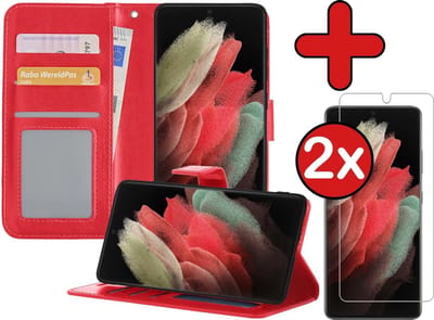 Hoesje - Met 2x Screenprotector - Geschikt voor Samsung Galaxy S21 Ultra - Luxe Pasjeshouder - Flip Case - Bookcase Portemonee - Kunstleer Book Case - Flipcase Hoes - Book Cover - Walletcase - Portemonneehoes - Telefoonhoes - Rood