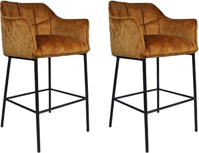 Bronx71® Velvet barkruk Jayron oker geel/cognac bruin 82 cm - Barkrukken set van 2 - barstoel