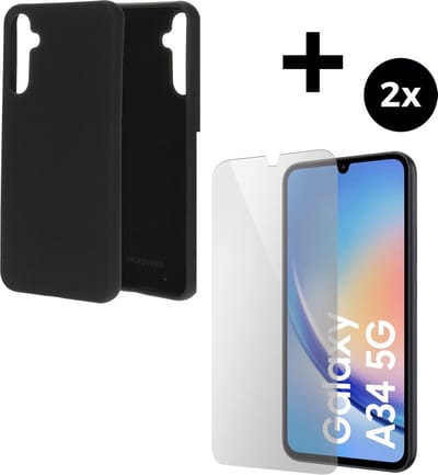 Mobiparts Silicone Cover hoesje geschikt voor Samsung Galaxy A34 (2023) 5G met 2 Screenprotectors van Gehard Glas - Zwart