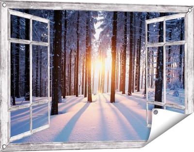 Gards Tuinposter Doorkijk Bos met Sneeuw tijdens de Zonsondergang - 90x60 cm - Tuindoek - Tuindecoratie - Wanddecoratie buiten - Tuinschilderij