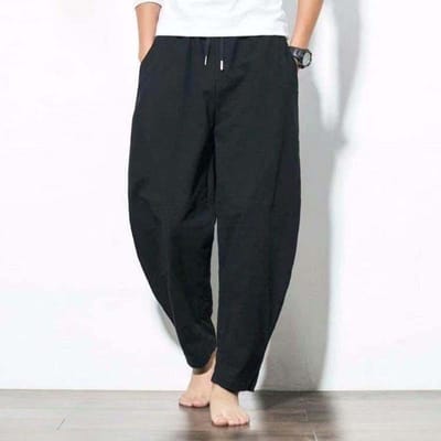 Pantalon à neuf points en coton et lin pour hommes, grande taille, pantalon à jambes droites, décontracté, en lin, respirant, à jambes larges, été 5XL noir