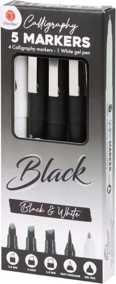 Decotime - 4 kalligrafeer markers zwart + 1 gelpen wit - kalligrafie pennen stiften - kalligafeerstiften