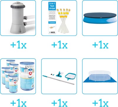 Accessoires voor Intex Easy Set Zwembad - 396x84 cm - Rond - Opblaasbaar - Intex - 28143NP - Zwembadfilterpomp - Testrips - Afdekzeil - Filters - Schoonmaakset - Grondzeil