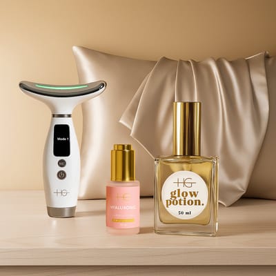 HG Aesthetics Nachtelijke Huidherstel Routine – Ultieme Lift & Glow Beauty Bundel met LED Gezichtsapparaat, 2% Hyaluronzuur Serum, Honing Droge Olie en Satijnen Kussensloop