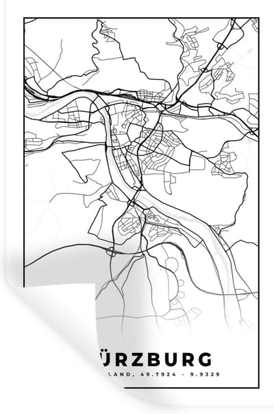 Muurstickers - Sticker Folie - Würzburg - Kaart - Stadskaart - Plattegrond - 20x30 cm - Plakfolie - Muurstickers Kinderkamer - Zelfklevend Behang - Zelfklevend behangpapier - Stickerfolie