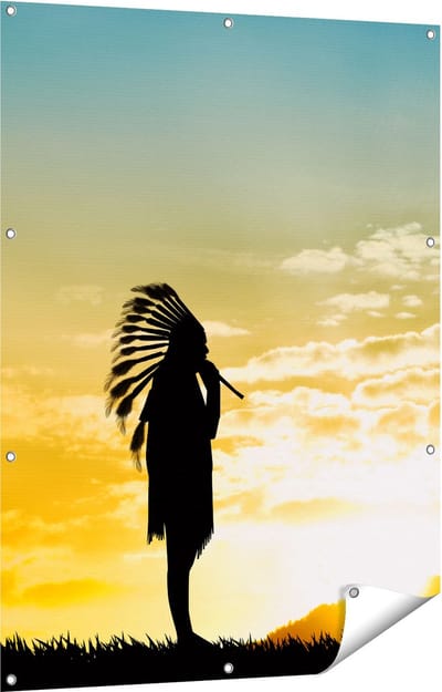 Gards Tuinposter Twee Silhouetten van Indianen bij Zonsondergang - 90x120 cm - Tuindoek - Tuindecoratie - Wanddecoratie buiten - Tuinschilderij