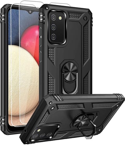 Hoesje Geschikt Voor Samsung Galaxy A02s Hoesje kickstand Armor met Ring houder TPU backcover hoesje - Zwart met Galaxy A02S screenprotector 2 pack