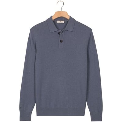 Thomas Maine Trui Polo Pullover Button Collar Fine Lambswool Single Knit Storm Sky / male