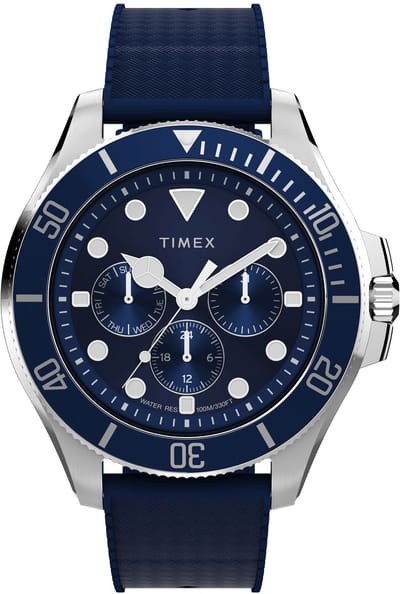 Timex Harborside Coast Multifunction Quartz Analoog Horloge Blauw En Zilverkleurig Kast Gemaakt Van 100% Roestvrij Staal En Een Armband Van 100% Hars 43 TW2Y33400AJ