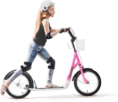 Kinderstep - Kinderstepjes met 16-inch luchtbanden en Handrem - Opvouwbaar Step - Stadsstep - Stuurhoogte: 90-96 cm - Speelgoed Jongens/Meisjes 5-12 jaar - Draagkracht tot 100 kg - Wit + Roze