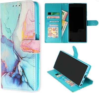Cityhoesje-geschikt voor Samsung S23-Bookcase – Print Marmer Roze-Blauw – incl. Pasjeshouder