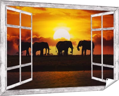 Gards Tuinposter Doorkijk Silhouet Olifanten tijdens Zonsondergang - 180x120 cm - Tuindoek - Tuindecoratie - Wanddecoratie buiten - Tuinschilderij