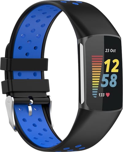 By Qubix - Compatible Fitbit bandje - Geschikt voor Fitbit Charge 5 - Fitbit Charge 6 Sportbandje met gesp - Zwart / blauw - Tweekleurig - Maat: L - Horlogeband - smartwatchbandje