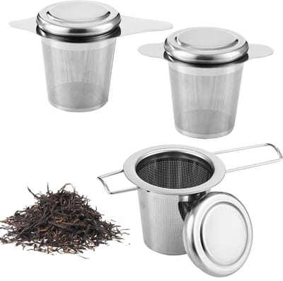 3-delige theefilter, roestvrij staal 304 theefilter, ronde oren, opvouwbare oren, metaal met theezeef, voor theekopjes, koffie, potten, theepotten, theezeef.