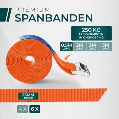 Candala spanband met ratel, set van 6, 25 mm x 2 m lang, breeksterkte 250 kg, ratelband oranje