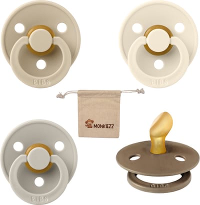 Bibs Dental fopspenen Anatomical 0-6 maanden- Set 4 stuks- Vanilla, Ivory, Sand, Dark Oak + Monkiezz speenzakje - orthodontisch- Anatomisch- Maat 1