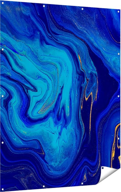 Gards Tuinposter Abstracte Kunst - Blauw met Gouden Verf - 120x160 cm - Tuindoek - Tuindecoratie - Wanddecoratie buiten - Tuinschilderij