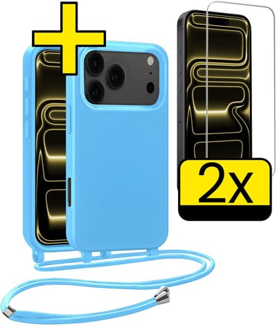 Hoesje Geschikt voor iPhone 17 Pro Hoesje Met Koord Met 2x Screenprotector Siliconen Case - Hoes Geschikt voor iPhone 17 Pro Backcover Met Afneembaar Koord - Lichtblauw