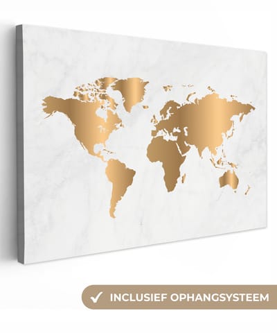 Canvas Schilderij Wereldkaart - Marmer - Goud - Glans - Schilderijen op canvas - 120x80 - Wanddecoratie
