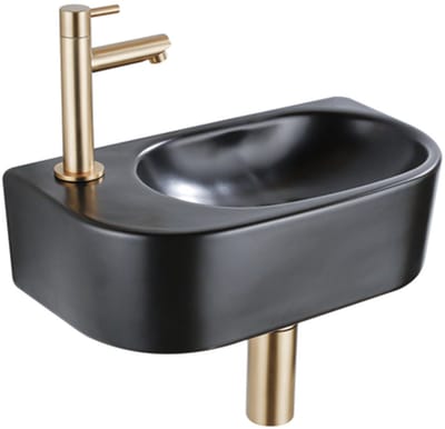 QeramiQ Fuente Fonteinset - 40x21.5x12cm - links - glad - halfrond - 1 kraangat - keramiek - fonteinkraan geborsteld messing - afvoerplug - verlaagd sifon - zwart mat