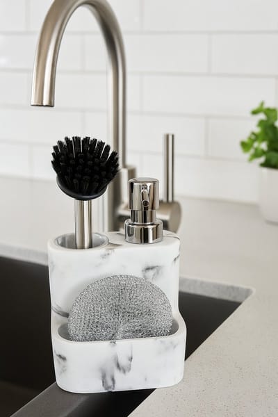 Mevaz 3-in-1 Keuken Organizer – Zeepdispenser met Afwasborstel en Spons – Marmerlook – Zilver Pomp – Modern & Luxe Design – Wit/Zwart