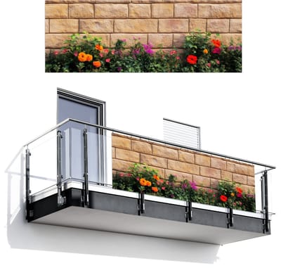 Balkonscherm 300x110 cm - Balkonposter Bloemen - Bakstenen - Kleurrijk - Balkon scherm decoratie - Balkonschermen - Balkondoek zonnescherm