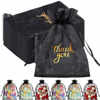 20x Organza Zakjes Met Print - Organza Met Opdruk - 10x15cm - Feestzakjes - Snoepzakjes - Cadeauzakjes - Uitdeelzakjes - Sieradenzakjes - Thank You - 10x15 cm - Wit - 20 Stuks