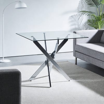 MODENUIT Eettafel - Vierkant Met Gehard Glas - Voor Keuken En Woonkamer - Glas En Metaal - Zilver - 80x80x75 Cm