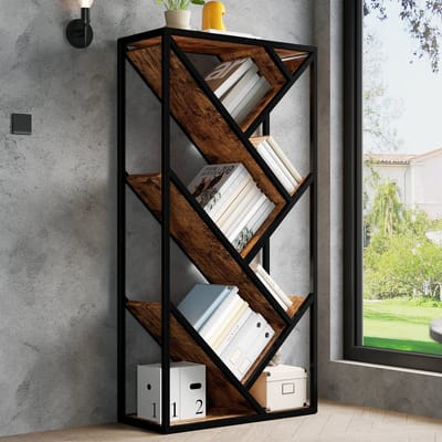 PHOEBE CAT Boekenkast - Open vitrinekast - Kantelbeveiliging - Metalen frame - Bruin + Zwart