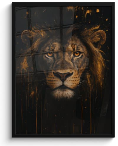 Poster in lijst - Fotolijst 50x70 cm - Posters - Leeuw - Goud - Druppels - Posterlijst zwart - Decoratie - Wanddecoratie woonkamer - Muurdecoratie slaapkamer
