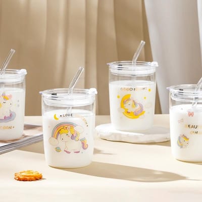 Cartoon Eenhoorn met Deksel Drinkbeker Leuke Meisje Drinkwater Glas Hoge Waarde Grote Capaciteit Waterbeker 450ML beige