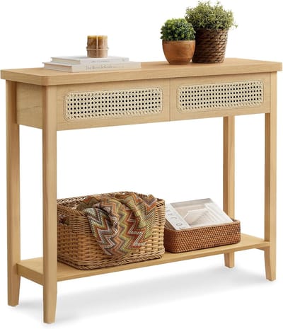 Furnstar Consoletafel – Haltafel met 2 Laden & Open Plank – Smalle Banktafel voor Hal of Woonkamer – Boho-Stijl – Afgeronde Hoeken – Grenenhout – LNT016Y57