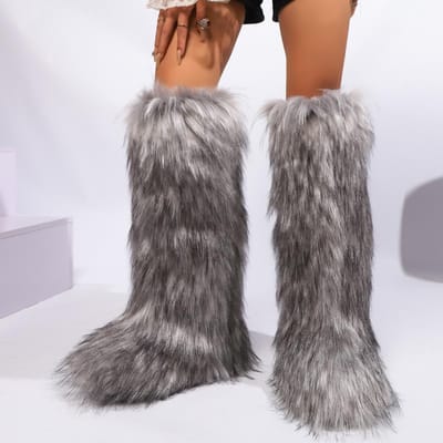 Dames Knielange Fuzzy Faux Fur Laarzen - Zacht, Warm en Comfortabel Instapmodel met Platte Hak Dames Pluche Warme Plateauschoenen 37 grijze kleur