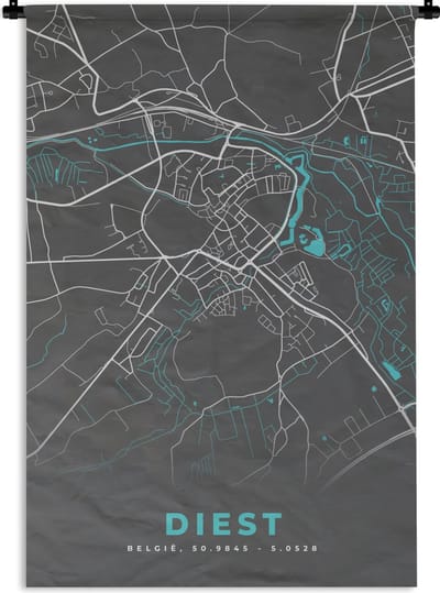 Wandkleed - Wanddoek - België – Diest – Stadskaart – Kaart – Blauw – Plattegrond - 120x180 cm - Wandtapijt