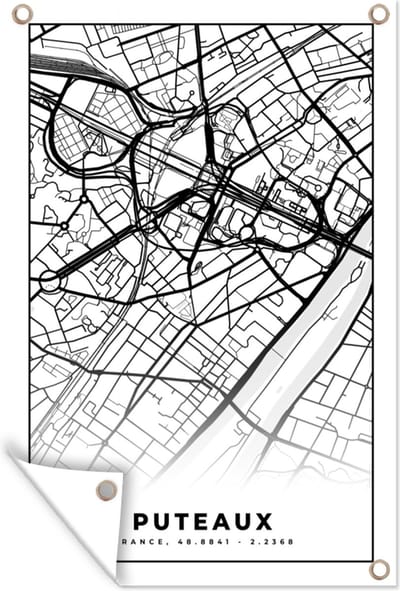 Muurdecoratie Frankrijk - Kaart - Plattegrond - Puteaux - Stadskaart - Zwart wit - 120x180 cm - Tuinposter - Tuindoek
