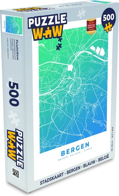 Puzzel Stadskaart - Bergen - Blauw - België - Legpuzzel - Puzzel 500 stukjes - Plattegrond