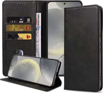 Smartphonica Telefoonhoesje geschikt voor Samsung Galaxy S24 kunstleren Hoesje met Magnetische sluiting en Pasjeshouders Book Case met Klepje - Zwart geschikt voor Samsung Galaxy S24