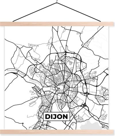 Posterhanger incl. Poster 40x40 cm - Schoolplaat - Kaart - Plattegrond - Dijon - Frankrijk - Stadskaart - Zwart wit - Textielposter - Blanke latten - Stadskaart