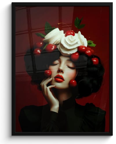 Poster in lijst - Fotolijst 50x70 cm - Posters - Vrouw - Kersen - Slagroom - Posterlijst zwart - Decoratie - Wanddecoratie woonkamer - Muurdecoratie slaapkamer