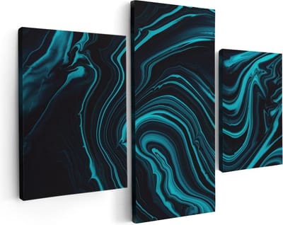 Artaza Canvas Schilderij Drieluik Abstracte Kunst - Aqua Blauw met Zwart - 90x60 - Foto Op Canvas - Canvas Print