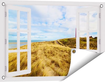 Gards Tuinposter Doorkijk Vuurtoren met Duinen in Texel - 60x40 cm - Tuindoek - Tuindecoratie - Wanddecoratie buiten - Tuinschilderij