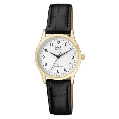 Q&Q C213J104Y - Horloge - Analoog - Vrouwen - Dames - Leren band - Rond - Staal - Cijfers - Zwart - Goudkleurig - Wit - 3 ATM