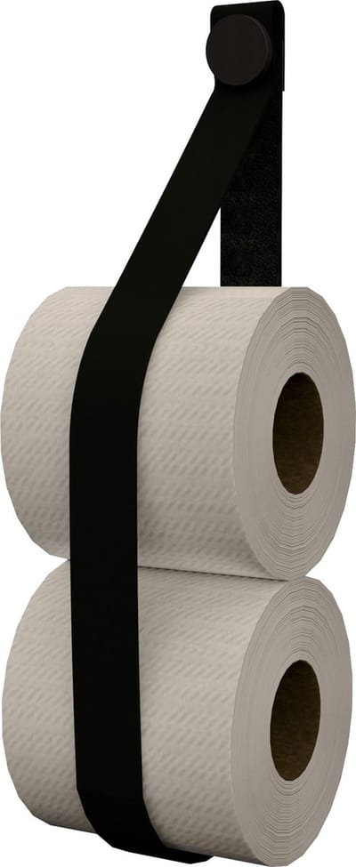 Leren toiletrol-voorraadhouder, met zuignap én schroef - Handles and more® | leer: ZWART / knop: Zwart (reserverolhouder - toiletrolhouder - toiletrollen houder - toilet rol voorraad houder)