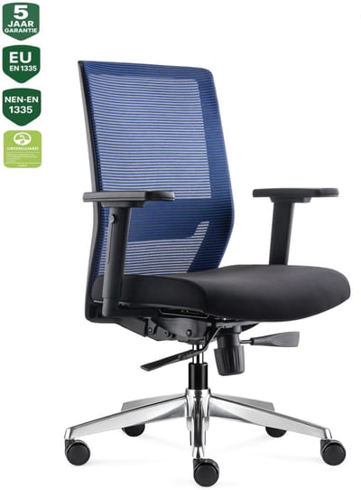 BENS 850-Ergo-3 - Blauwe Ergonomische Bureaustoel - Bureaustoel voor volwassenen - Kantoorstoel - Gepolijst aluminium voetenkruis - GREENGUARD GOLD - NEN-EN1335 & ARBO normen