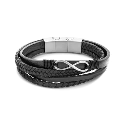 Frank 1967 7FB-0721 Leren Armband met Infinity - Heren - 4 Strengen - Verstelbaar Slot - 19cm - Leer - Zwart
