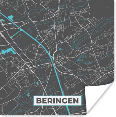 Poster België – Beringen – Stadskaart – Kaart – Blauw – Plattegrond - 100x100 cm XXL