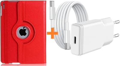Hoes geschikt voor iPad 2025 hoes Rood -iPad A16 hoes 11th Generation 11 Inch 2025 draaibare bookcase 360° Case met USB C Adapter - USB C oplader- Slim Snellader 20W Met USB C Kabel 1m - Ntech COMBI-SET