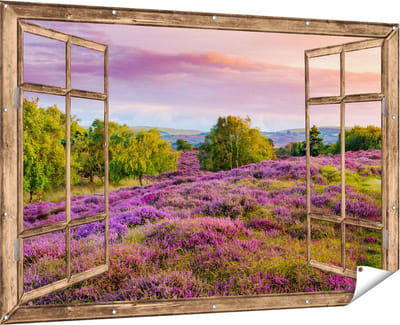 Gards Tuinposter Doorkijk Paarse Weide - 180x120 cm - Tuindoek - Tuindecoratie - Wanddecoratie buiten - Tuinschilderij