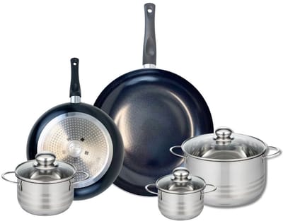 Set van 2 Koekenpannen 24 en 32 cm en 3 kookpotten 12, 14 en 20 cm Elo Prima Glanzend