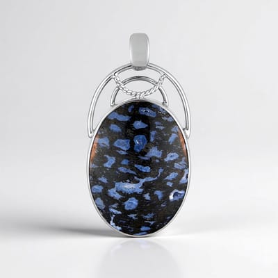 Cavill - Versteend Jambi Houten Hanger 925 Zilver Geplateerd - Ovaal Cabochon 25 Karaat - Bali Barong Luipaard Sieraad